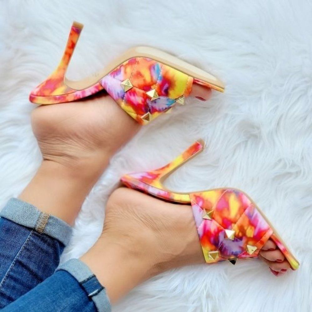 Multi Color Women’s Roman Style Stud Finish Slip On Heeled Sandals - Picture 6 of 7